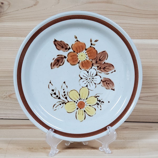 Vintage Side/Dessert/Pie Plate WildWood by JAPAN (Autumn Collection Stoneware) Floral Center Brown Band, Retro Flower Kitchen, Replacement