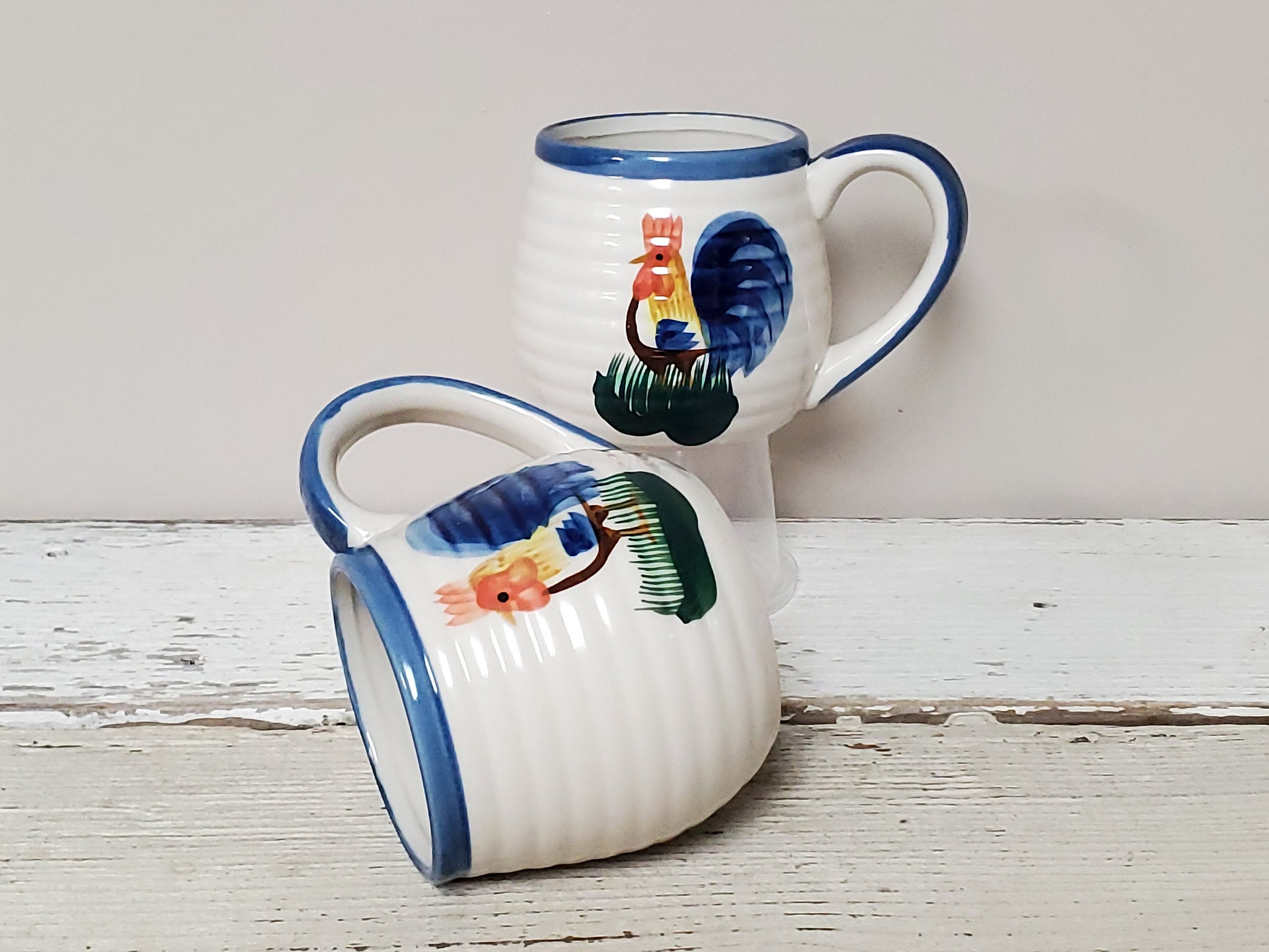 Vintage Blue Rooster Mugs Set of 2 Stoneware by ALCO Etsy