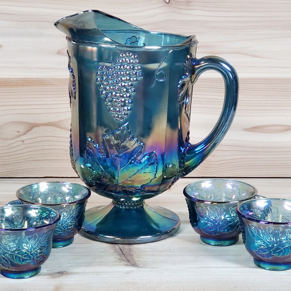 Vintage Colony Harvest Carnival Iridescent Blue 64 oz Footed Pitcher w/Ice Lip and/or 5 oz Punch/Snack Cups (Set of 4); Textured Grapesvines