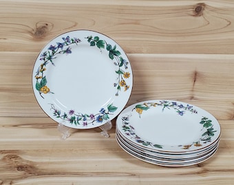 Vintage Wildflower Side/Dessert/Pie Plates (Set of 5) Blue, Yellow, Green Floral Rim, Brown Trim; WOODHILL Pattern by Citation Replacements
