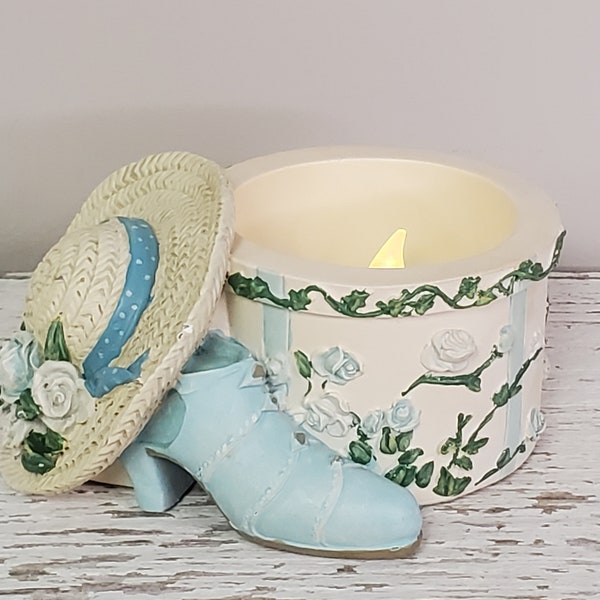 Vintage Candle Holder (VOTIVE) Straw Hat w/Box, Blue Ribbon, Blue Antique Shoe by Lady Jayne Ltd Old Fashioned Hat Box Votive Set