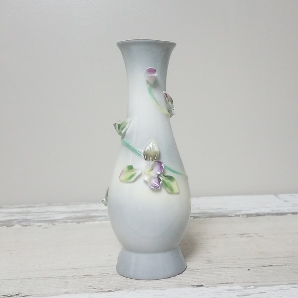 Vintage Gray White Porcelain Bud Vase Baluster Style Spiraling Applied Flower Buds on Vine UCAGCO Japan Mid-Century Table/Windowsill Decor