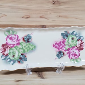 Antique Rectangular Vanity Tray by Nippon c.1920s; Ivory Porcelain w/Pink, Red, Green Roses, Grapes & Leaves; Scalloped Edge, Gilt Trim