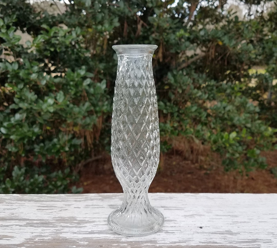 Vintage Glass Vase Diamond Lattice Pattern Cut Pedestal Bud Vase EO