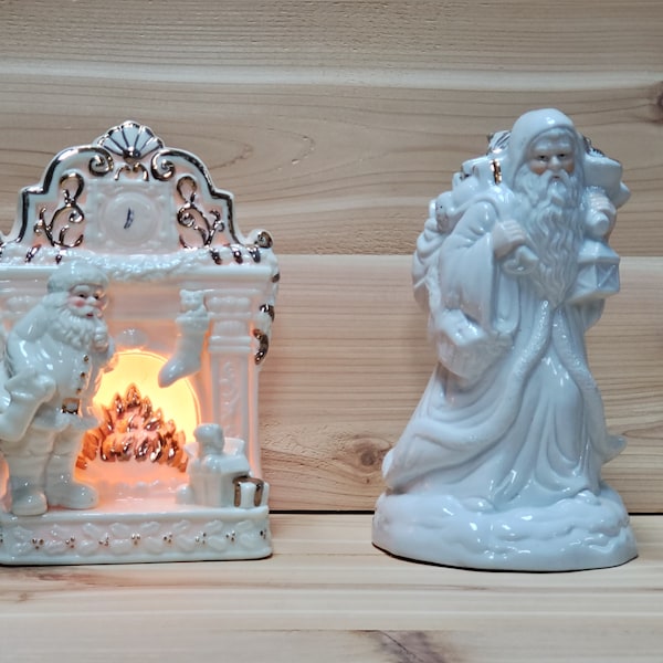 Vintage Mid-Century Christmas Figurines: Lighted Santa by Fireplace & Old St. Nick Santa Carrying Tree Music Box Plays "White Christmas"