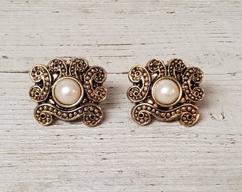 Vintage Button Covers (1 Pair) Faux Pearl Gold Plated Filigree Rectangular Accent Medallion Hinged Back Victorian Fashion Jewelry Heirloom