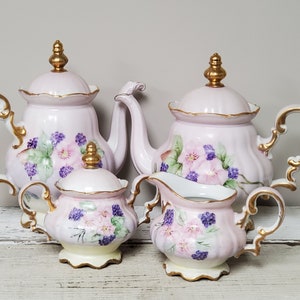 Vintage Footed Coffee/Tea Service **AS IS** Hutschenreuther Selb Bavaria Germany Pale Pink w/Pink & Purple Flowers + Heavy Gold Gilt Trim