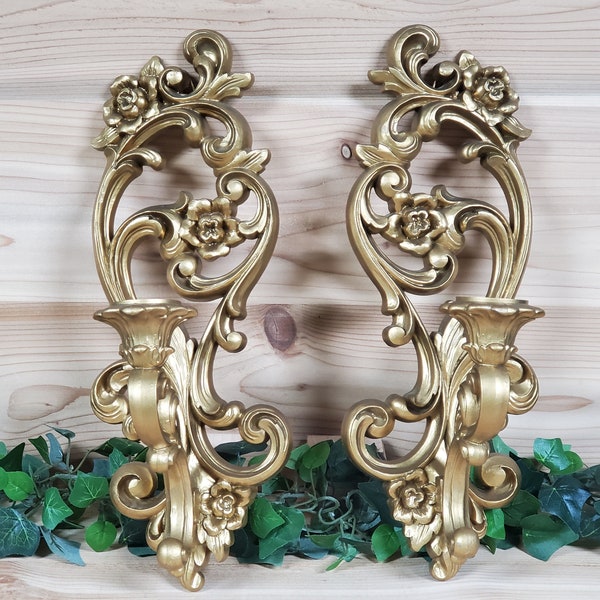 Vintage Wall Sconces for Tapers (Set of 2) by Homco (#4118) Gold Painted Plastic, Baroque Ornate Scroll Design; Retro Home Interiors c.1971