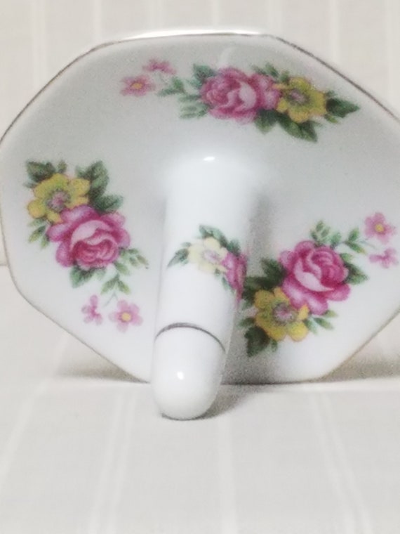 Vintage Ring Holder Ceramic Pink & Yellow Tea Rose Pattern w/Gilt Trim Jewelry Dish Storage Dressing Vanity Gift Heirloom Circa 1990s View 3