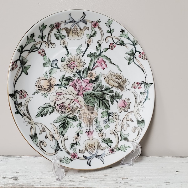 Vintage Japanese Chinoiserie Decorative Plate Green (Famille Verte) Foliage, Pink (Famille Rose) & Tan Flowers in Urn Vase Asian Inspired