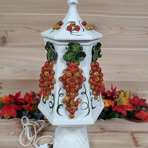 Vintage Lucite/Acrylic Crackle Grape Clusters Table Lamp in Autumn Colors Orange, Amber, Gold; Textured Grapes/ Leaves, White Pedestal w/Lid