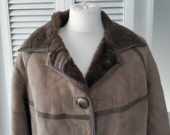 Vintage 1970s Style Double Breasted Sheepskin Coat - Beige Real Leather - Size Medium