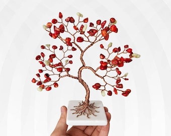 Jade & Coral Tree, 35th Anniversary Gift for Parents, Copper Wire Bonsai