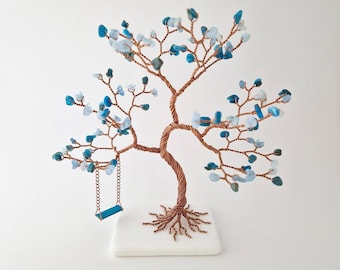 Marine Gemstone Tree with Swing, 19th Anniversary Gift for Her, Birthday Gift