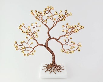 Arbre en fil de cuivre avec perles dorées, décoration d'étagère