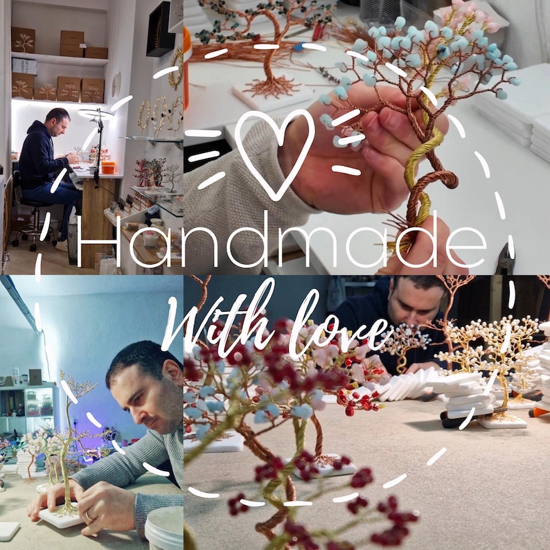 The image is a collage of two photos. In the top photo, a person is working on a tree sculpture, and in the bottom photo, another person is working on a similar tree sculpture. The collage includes a large text overlay that reads "Handmade with love".