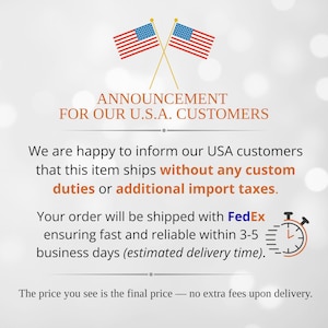 ℹ Important for USA Customers:
This listing is shipped to the U.S. without any customs duties or additional import taxes. The price you see is the final price — no extra fees upon delivery.