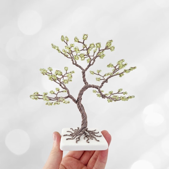 Handmade Wire Tree Sculpture with Green Beads, Tree of Life