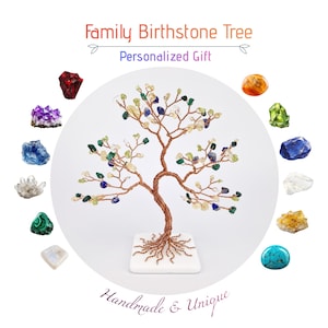 May include: A wire tree sculpture with copper-colored branches and a white square base, surrounded by twelve individual colorful gemstones. The text Family Birthstone Tree, Personalized Gift, and Handmade & Unique are printed on the image.