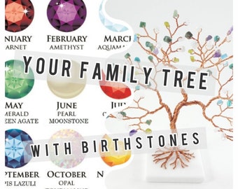 Arbre généalogique personnalisé avec pierres de naissance, idée cadeau d'anniversaire