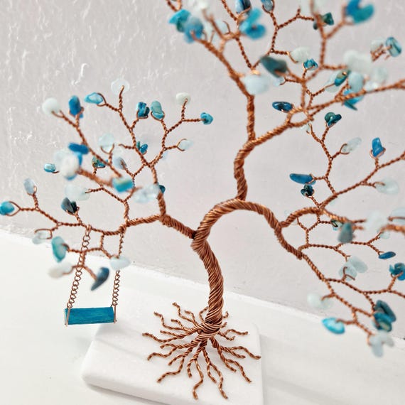 Aquamarine & Apatite Stone Tree With Swing, 19th Anniversary Gift
