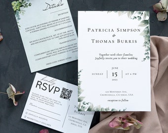 Minimal Wedding Invitation with QR Code, Printable Wedding Invitation, Simple Editable Invite Template