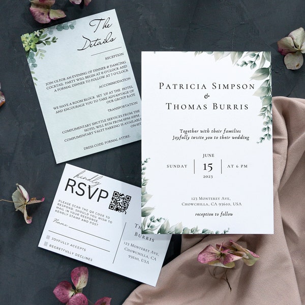 Minimal Wedding Invitation with QR Code, Printable Wedding Invitation, Simple Editable Invite Template