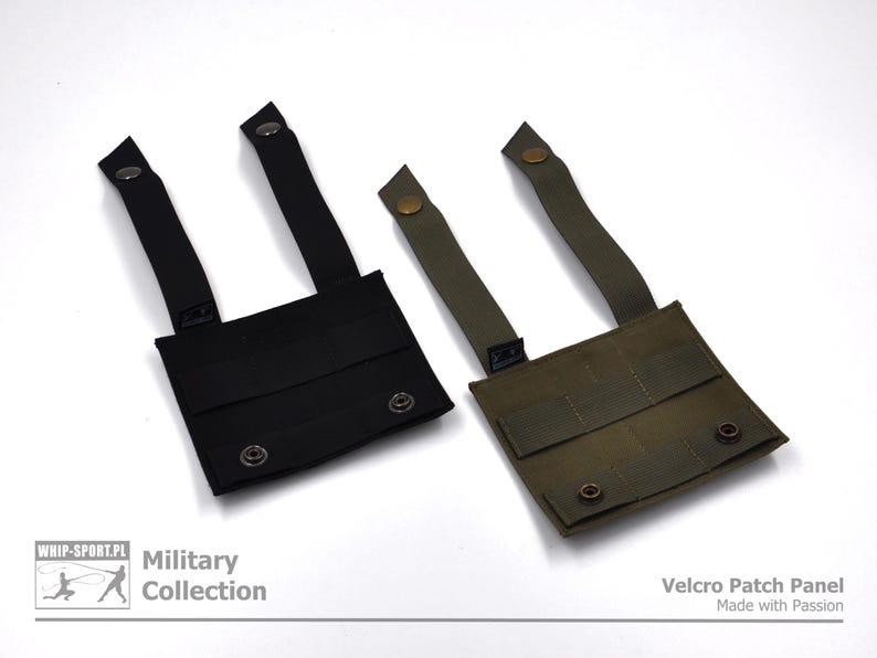 Peut inclure: Deux panneaux de patchs velcro noirs et verts avec des sangles. Les panneaux ont plusieurs rang&eacute;es de coutures et sont con&ccedil;us pour &ecirc;tre fix&eacute;s aux v&ecirc;tements ou &agrave; l'&eacute;quipement. Le texte "Velcro Patch Panel Made with Passion" est imprim&eacute; dans le coin inf&eacute;rieur droit de l'image.
