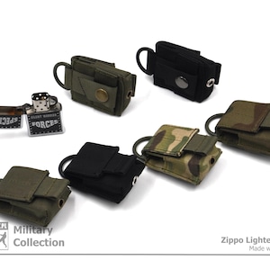 May include: Various Zippo lighter pouches in black, olive green, and camouflage patterns. Each pouch has a loop and a snap closure. A Zippo lighter with the words "SPECIAL FORCES" is also visible. The image also includes the text "Zippo Lighter Pouch Made with Passion".