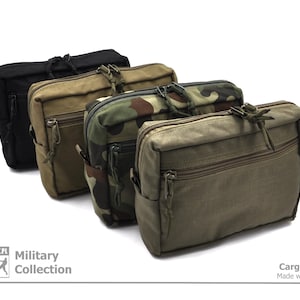 May include: Three cargo pouches in different colours and patterns. The pouches are made of canvas and have multiple pockets and zips. The pouches are labelled "Military Collection" and "Cargo Pouch Made with Passion".