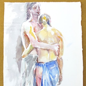 Couple Models Man & Woman hugging Models 2001 Original Watercolor Painting Aquarel contemporary art by Gracia Monsa Rodriguez UNFRAMED