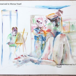 May include: A watercolor painting of two people in a studio setting. The person in the foreground is a woman with brown hair, wearing a blue shirt. The person in the background is a man with short brown hair, wearing a green shirt. The painting is done in a loose, expressive style, with a focus on capturing the movement and energy of the scene. The painting is signed "All rights reserved to Monsa Yosef."
