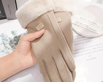 Suede Touchscreen Gloves, Fleece Lined Winter Mittens