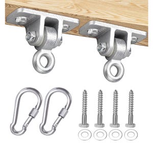 May include: Two silver swing hangers with eye bolts attached to a wooden beam. Includes two carabiner clips and four wood screws with washers. The hardware is designed for outdoor use.