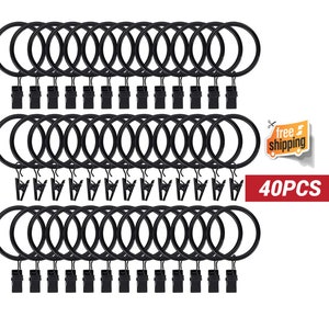 40PCS Curtain Rings with Clips Hooks 1.5 in Rustproof Matte Stainless Steel Drapery Rings for Tension Rod Bracket Eyelets Decorative Hangers