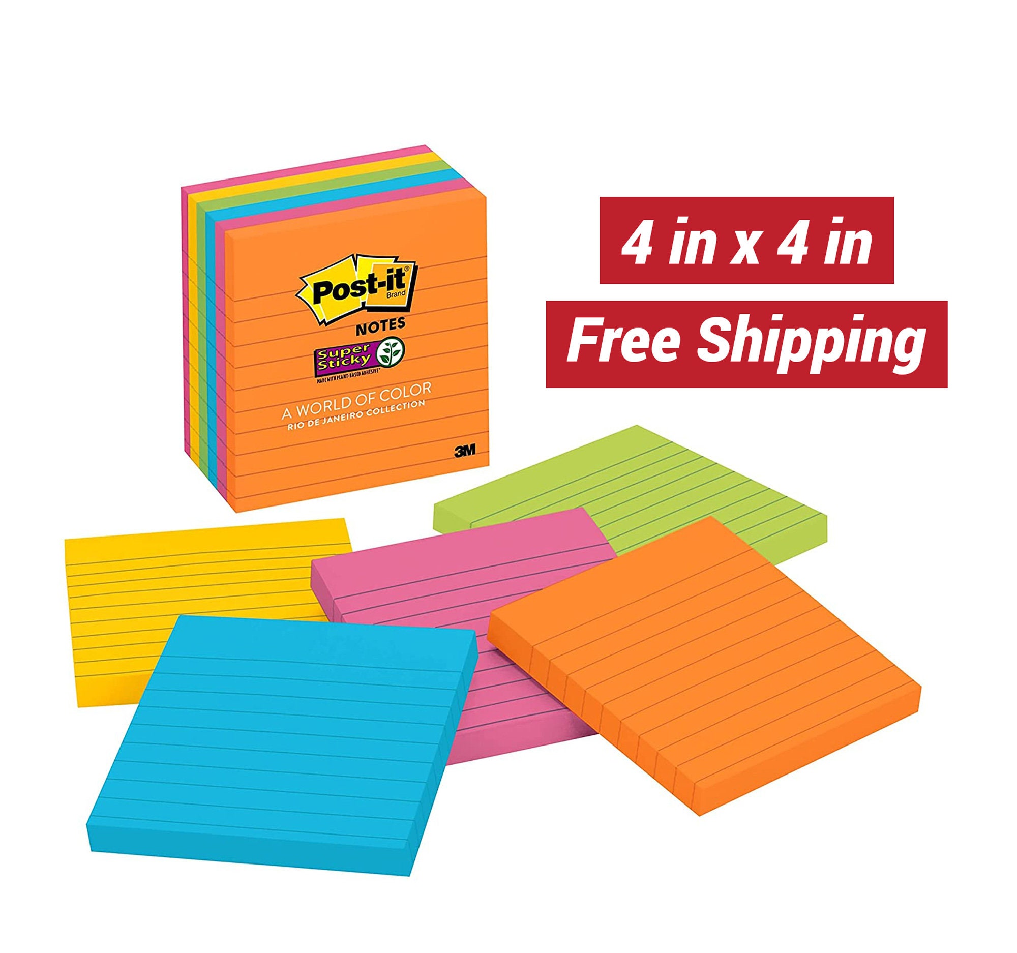Super Sticky Notes, 4 in x 4 in, 6 Pads, 2x the Sticking Power, Rio de Janeiro Collection, Bright Colors, Orange, Pink, Blue, Recyclable Super Sticky Notes, 4 in x 4 in, 6 Pads, 2x the Sticking Power, Rio de Janeiro Collection, Bright Colors, Orange, Pink, Blue, Recyclable