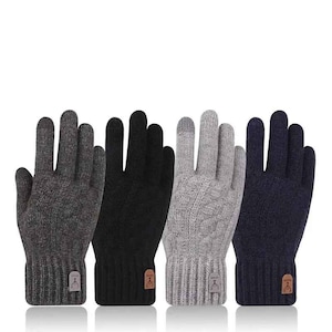 May include: Four pairs of knit gloves in various colors: dark gray, black, light gray, and navy blue. Each glove features a ribbed cuff and a small, rectangular patch. The gloves are designed for warmth and touchscreen compatibility.