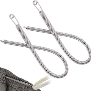 May include: Two silver-colored metal spring cord threaders. Each threader has a looped end and a coiled spring body. The threaders are designed to assist in threading cords or elastic through fabric casings, such as those found in clothing.