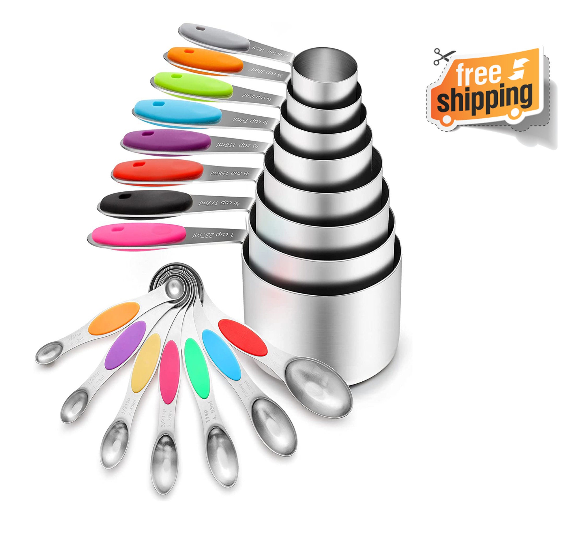 Measuring Cups and Spoons Set Stainless Steel Includes 8 Heavy Duty  Measuring Cups 8 Double Sided Magnetic Measuring Spoons and 1 Leveler for  Dry and