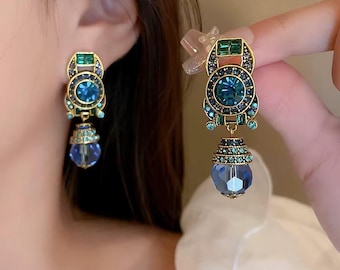 Pendientes de clip de cristal azul con forma de gota de agua y diamantes de imitación estilo retro
