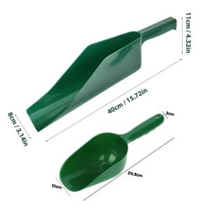 May include: Two green plastic scoops. The larger scoop is 15.72 inches long, 4.32 inches wide, and 3.14 inches deep. The smaller scoop is 11.61 inches long, 3.93 inches wide, and 1.18 inches deep. Both scoops have a handle.