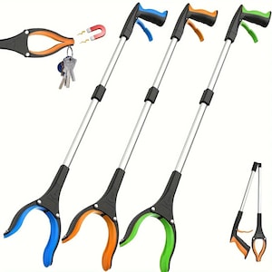 May include: Three extendable grabber tools with different colored grips: blue, orange, and green. Each tool has a magnet on the end and a trigger to open and close the jaws.