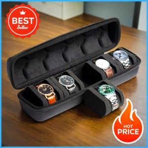 May include: Black zippered watch travel case with five compartments, each holding a wristwatch. The watches have various band colors, including silver, brown, and orange. The case has a Best Seller badge.
