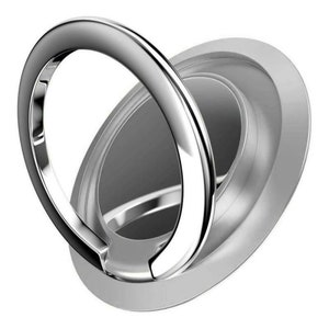 May include: A silver phone ring holder with a swiveling ring. The ring is attached to a flat, circular base.