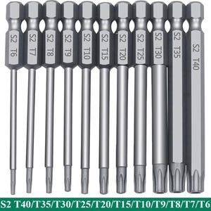 May include: A collection of eleven silver Torx screwdriver bits, marked S2 T6 to S2 T40. Each bit features a hexagonal head and a cylindrical shaft. The sizes are printed in white text on each bit.