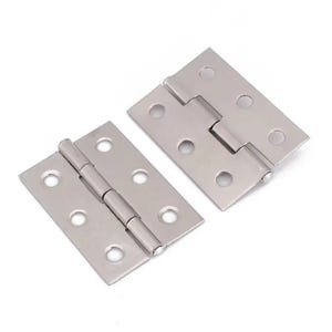 May include: Two silver-colored metal hinges with multiple screw holes. The hinges are rectangular and have a folding mechanism in the center. The hardware is designed for use in woodworking or construction projects.