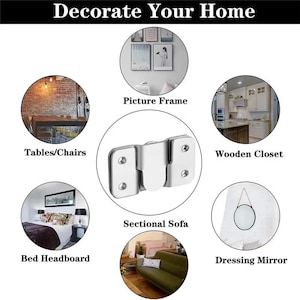 May include: The image showcases home decor ideas, including picture frames, tables and chairs, a bed headboard, a sectional sofa, a wooden closet, and a dressing mirror. A metal bracket is in the center. The text "Decorate Your Home" is at the top.