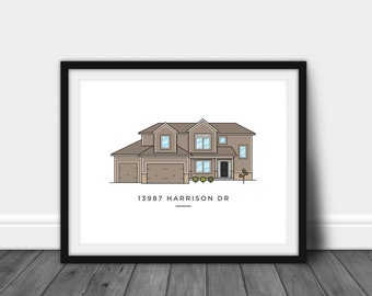 Custom Home Illustration | Personalized Gift | Housewarming Gift | Realtor Gift | 8x10 Color