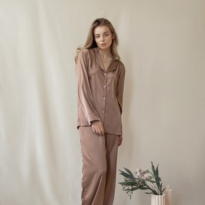 Brown pajamas set, Silk pajamas set, Silk pants, Silk pants and shirt, Bridesmaid pajamas, Silk shirt, Custom tailoring, Pajamas for bride