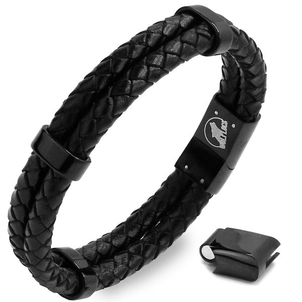 WOLFLOCK Lederarmband für Männer in Schwarz, Verschiedene Längen, Magnetverschluss aus Edelstahl, inklusive Schmuckschachtel